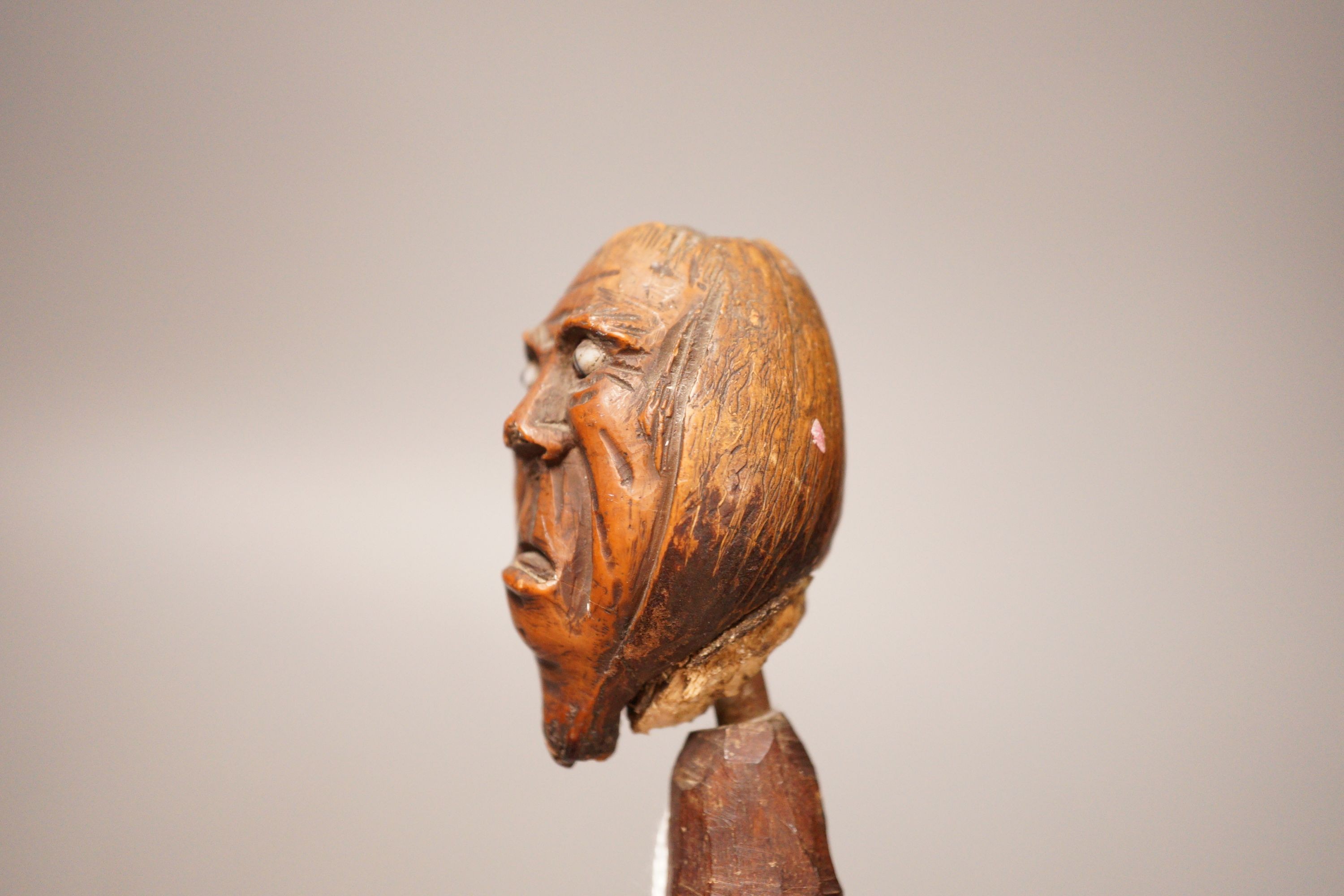 A 19th century continental carved head with glass eyes on associated cane stick. Total length 92cm